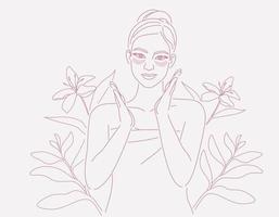 lindo jovem mulher dentro toalha fazendo pele Cuidado em dela face, com flores e folhas plantas fundo, linear logotipo minimalista estilo, vetor