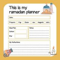 Ramadã planejador para crianças. islâmico planejador para crianças. fofa planilha. vetor