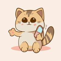 fofa gato engraçado agarrar handphone brincalhão gatinha ilustração do engraçado desenho animado gatos isolado em branco fundo impressão para crianças roupas vetor