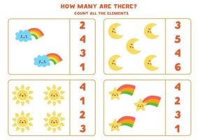 contando o jogo com lindo sol, lua, estrela, nuvem. planilha de matemática. vetor