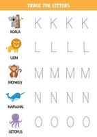 rastreamento de letras do alfabeto inglês com animais. prática da escrita. vetor