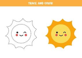 rastrear e colorir o sol kawaii bonito. planilha para crianças. vetor