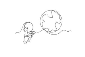 contínuo 1 linha desenhando crianças astronautas. espaço conceito. solteiro linha desenhar Projeto vetor gráfico ilustração.