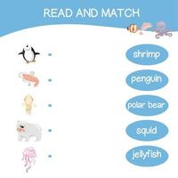 ler e Combine planilha jogo. Inglês alfabeto com desenho animado animais definir. Coincidindo palavras com imagens usando engraçado mar animais para crianças. vetor ilustração.