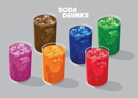 refrigerante bebidas com seis tipo do cor e gosto. Cola, refrigerante azul, Lima verde, roxo, morango vermelho e laranja vetor