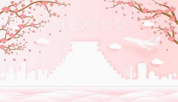 panorama viagem cartão postal, poster, Tour publicidade do mundo famoso marcos do México, Primavera estação com florescendo flores dentro árvore vetor