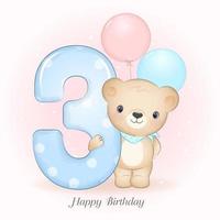 urso festa de aniversário com o número 3 vetor
