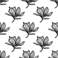 padrão sem emenda com contorno de magnólia preta. flores da primavera mão ilustração vetorial desenhada. preto e branco com arte de linha em fundos brancos vetor
