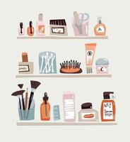 conjunto de doodle de cuidados de rosto. esboço de acessórios de beleza para o cuidado diário. cotonetes, lixa de unha, creme e pente