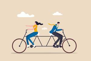 conflito de negócios, polêmica ou desacordo causando problema e conceito de falha, colegas de empresário e empresária tentando andar de bicicleta na direção oposta. vetor
