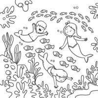 vetor ilustração do sereias, peixe, coral recifes e debaixo mar para coloração página, coloração livro, etc