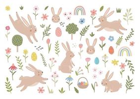 Primavera conjunto do fofa coelhos, flores e folhas. mão desenhado Coelho coleção em branco fundo. crianças personagem ilustração, animal impressão vetor