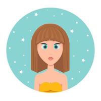 avatar de uma menina morena com cabelos longos e grandes olhos azuis, ilustração vetorial em estilo simples. vetor