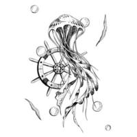 mar medusa com do navio roda, algas e água bolhas, isolado composição em branco fundo mão desenhado dentro gráfico estilo. eps vetor ilustração. para impressões, cartazes, cartões, adesivos.
