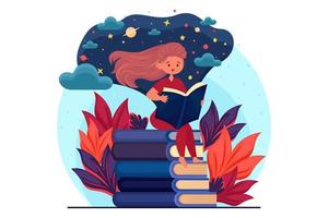 menina lendo a interessante livro, sentado em uma pilha do livros, leitura, imersivo livro conceito, interessante histórias, abstrato padrões, folhas, decorativo elementos vetor