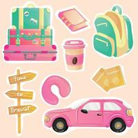 fofa desenho animado viagem adesivo conjunto com Rosa carro, três malas, Rosa copo do café, Rosa livro, dois laranja passaportes, Rosa cabeça travesseiro, verde e amarelo mochila e Tempo para viagem madeira placa vetor