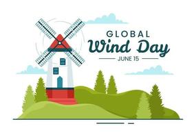 global vento dia vetor ilustração em Junho 15 com terra globo e ventos turbinas em azul céu dentro plano desenho animado mão desenhado aterrissagem página modelos