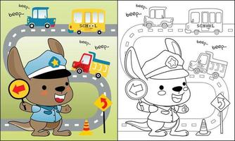 coloração livro do fofa canguru desenho animado dentro tráfego policial uniforme com veículos dentro a estrada vetor