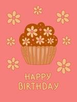 feliz aniversário cumprimento cartão bolo flores vetor