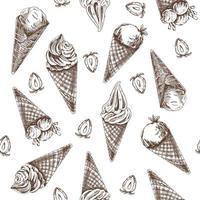 vetor vintage gelo creme desatado padronizar. mão desenhado monocromático ilustração do waffle cones com congeladas iogurte ou suave gelo creme e morangos. ótimo para cardápio, poster ou restaurante fundo.