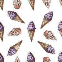 vetor vintage gelo creme desatado padronizar. mão desenhado colori ilustração do waffle cones com congeladas iogurte ou suave gelo creme dentro uma copo. ótimo para cardápio, poster ou restaurante fundo.