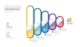 infográfico vendas funil diagrama modelo para negócios. moderno Linha do tempo 5 degrau nível, digital marketing dados, apresentação vetor infográficos.