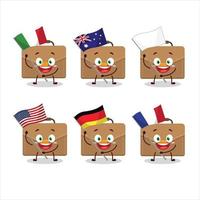 Castanho mala de viagem desenho animado personagem trazer a bandeiras do vários países vetor