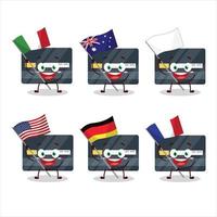 crédito cartão desenho animado personagem trazer a bandeiras do vários países vetor