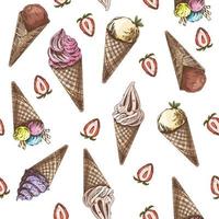 vetor vintage gelo creme desatado padronizar. mão desenhado colori ilustração do waffle cones com congeladas iogurte ou suave gelo creme e morangos. ótimo para cardápio, poster ou restaurante fundo.
