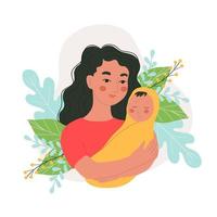 mulher segurando um bebê pequeno nos braços, feliz maternidade, personagens de vetor em estilo doodle, rabiscos coloridos.