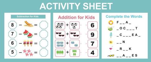 3 dentro 1 imprimível atividade Folha para crianças. atividade Folha para crianças. educacional imprimível planilha. verão planilha tema. vetor