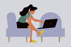 a menina é sentado em a sofá trabalhando em dela computador portátil. vetor