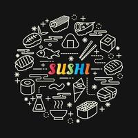 letras gradientes coloridas de sushi com ícones de linha vetor