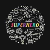 letras gradientes coloridas de super-heróis com ícones de linha vetor
