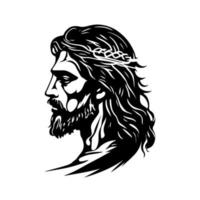 sagrado imagem do Jesus Cristo com espinhoso coroa e grandes cabelo. monocromático vetor ilustração adequado para religioso e espiritual desenhos, Camisetas, impressões, e mais.