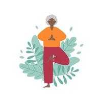 Senior mulher fazendo ioga com folhas fundo. velho mulher praticando meditação, exercício, guardando ativo saudável estilo de vida. vetor