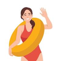 sorridente mulher Salva-vidas dentro roupa de banho posando com inflável anel. feliz fêmea guarda dentro roupa de banho com bóia salva-vidas vetor