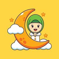 fofa menina com lua dentro Ramadã. Ramadã desenho animado mascote vetor ilustração.