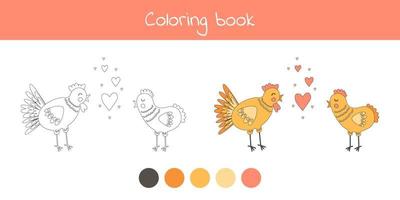 livro para colorir com bonito galo de animais de fazenda e frango. para crianças do jardim de infância, pré-escola e idade escolar. vetor