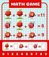 alegre desenho animado vermelho maçã personagens, matemática jogos vetor