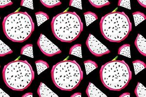 pitaya fatias desatado padronizar. fresco Dragão fruta peças. orgânico papel de parede ingridient. doce exótico pitaiaiás em Preto fundo vetor