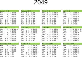 ano 2049 calendário dentro Inglês vetor