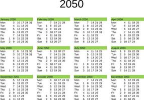 ano 2050 calendário dentro Inglês vetor