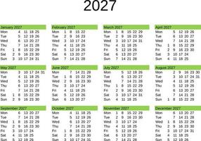 ano 2027 calendário dentro Inglês vetor