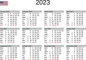 ano 2023 calendário dentro Inglês com Unidos estados feriados vetor