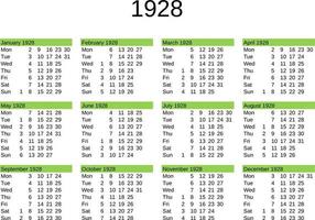 ano 1928 calendário dentro Inglês vetor