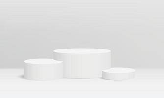 3d exibição produtos mínimo cena com geométrico pódio plataforma. abstrato branco 3d quarto com realista branco cilindro pedestal pódio. etapa mostruário em pedestal exibição bege fundo estúdio vetor
