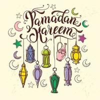 ilustração ramadan kareem com lanterna e arco. estilo desenhado à mão. vetor