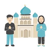muçulmano casal cumprimento Ramadã eid Mubarak vetor