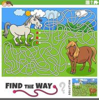 encontrar a caminho Labirinto jogos com desenho animado cavalos Fazenda animais vetor